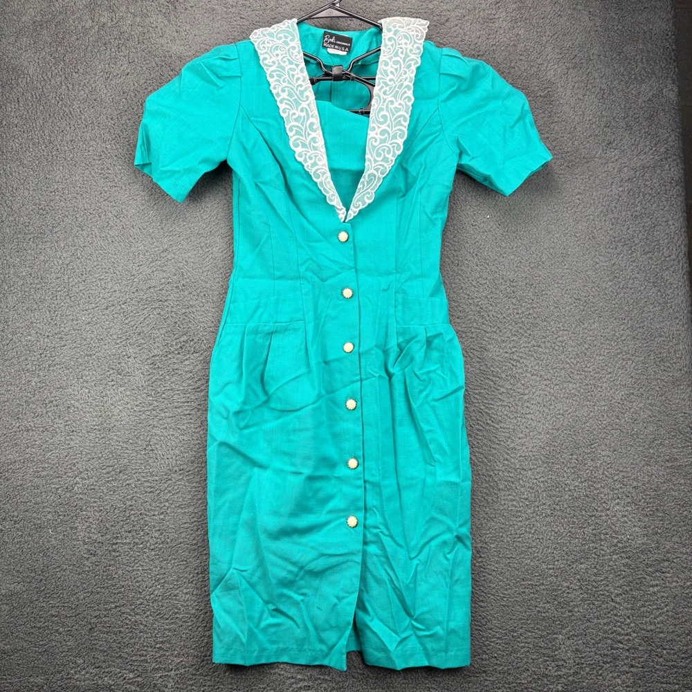 Breli Originals Vintage 80s Teal Green Lace Collar Button‎ Front Dress Size 8
